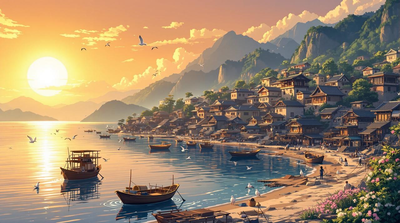 夸克短剧全集分享 - 海边渔村温暖黄昏全景，金色夕阳下的渔港，停泊的小渔船，传统石屋与远山